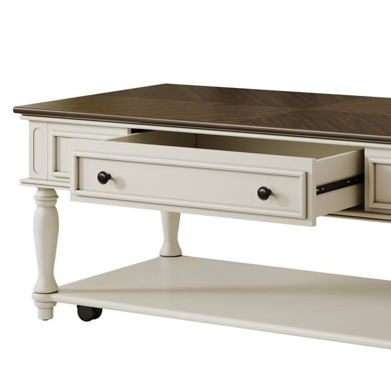 Farmhouse 47.2" Coffee Table with Drawer, Retro Design Easy Assembly and Movable Lockable Wheels for Living Room