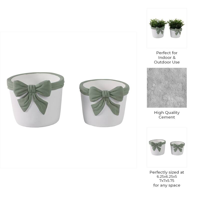 Pottery Planters Bow Accent Home Garden Use (Set of 2) - 6", 5" White - 7" x 7" x 5.75"