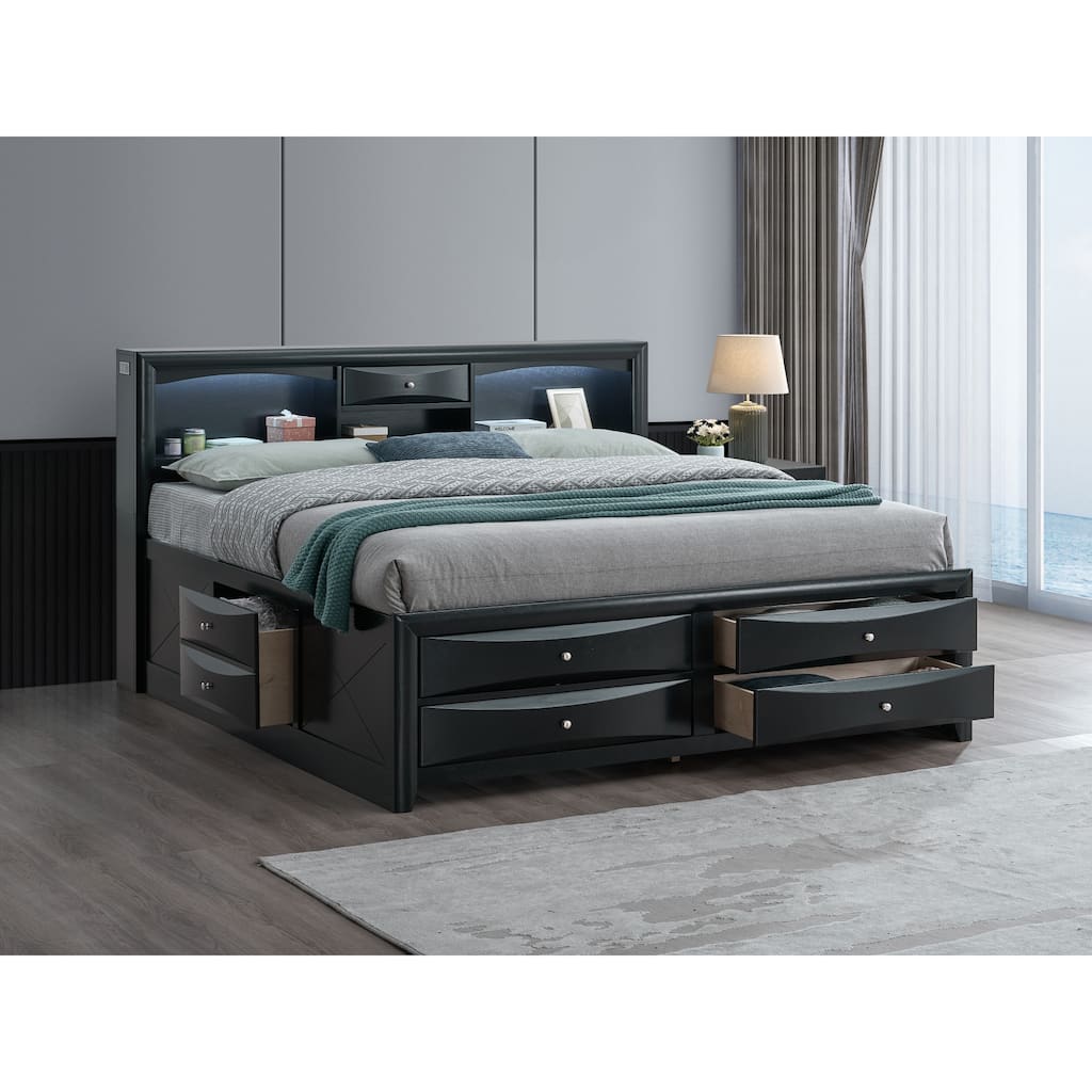 Roomfitters Full Size Wood Platform Storage Bed with Bookcase LED Headboard and Multiple Drawers, No Box Spring Needed, Black