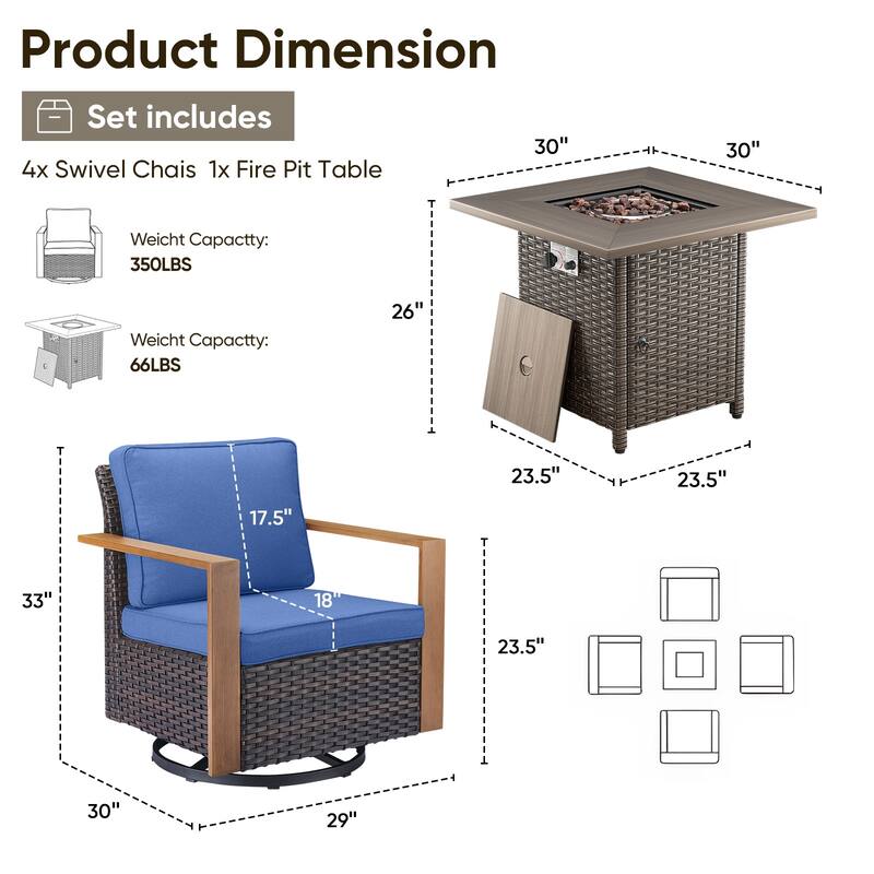 Pocassy 5 Pieces Outdoor All-Weather Chair with Fire Table Set