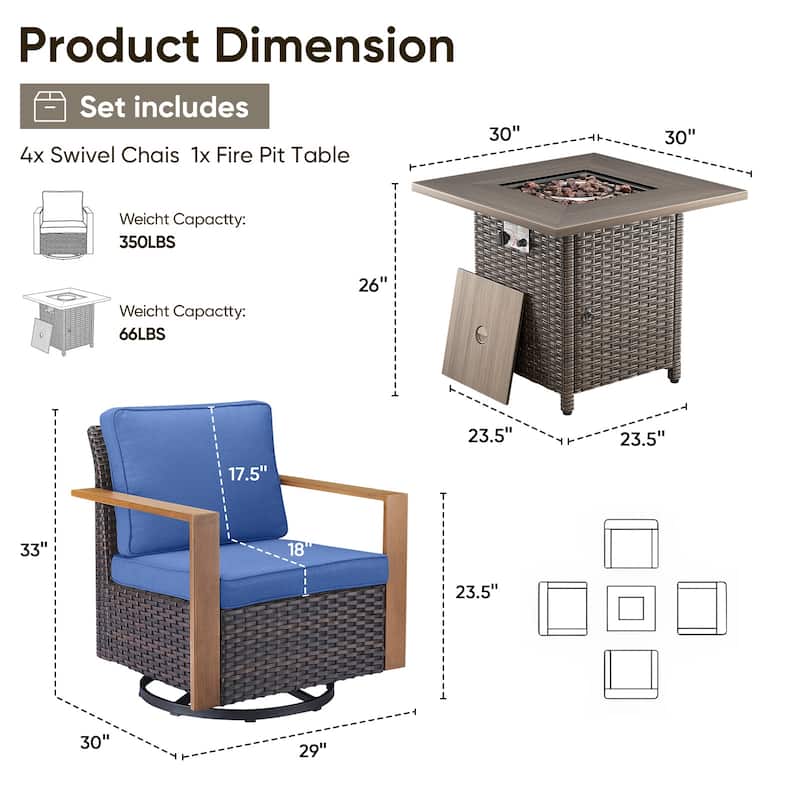 Pocassy Fire Pit Table with Outdoor Sofa Chair Ottoman Set