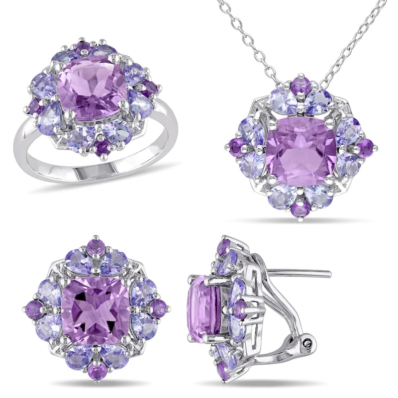 Miadora 11 4/5ct TGW Amethyst Tanzanite Cluster Necklace Ring Earrings Set Sterling Silver