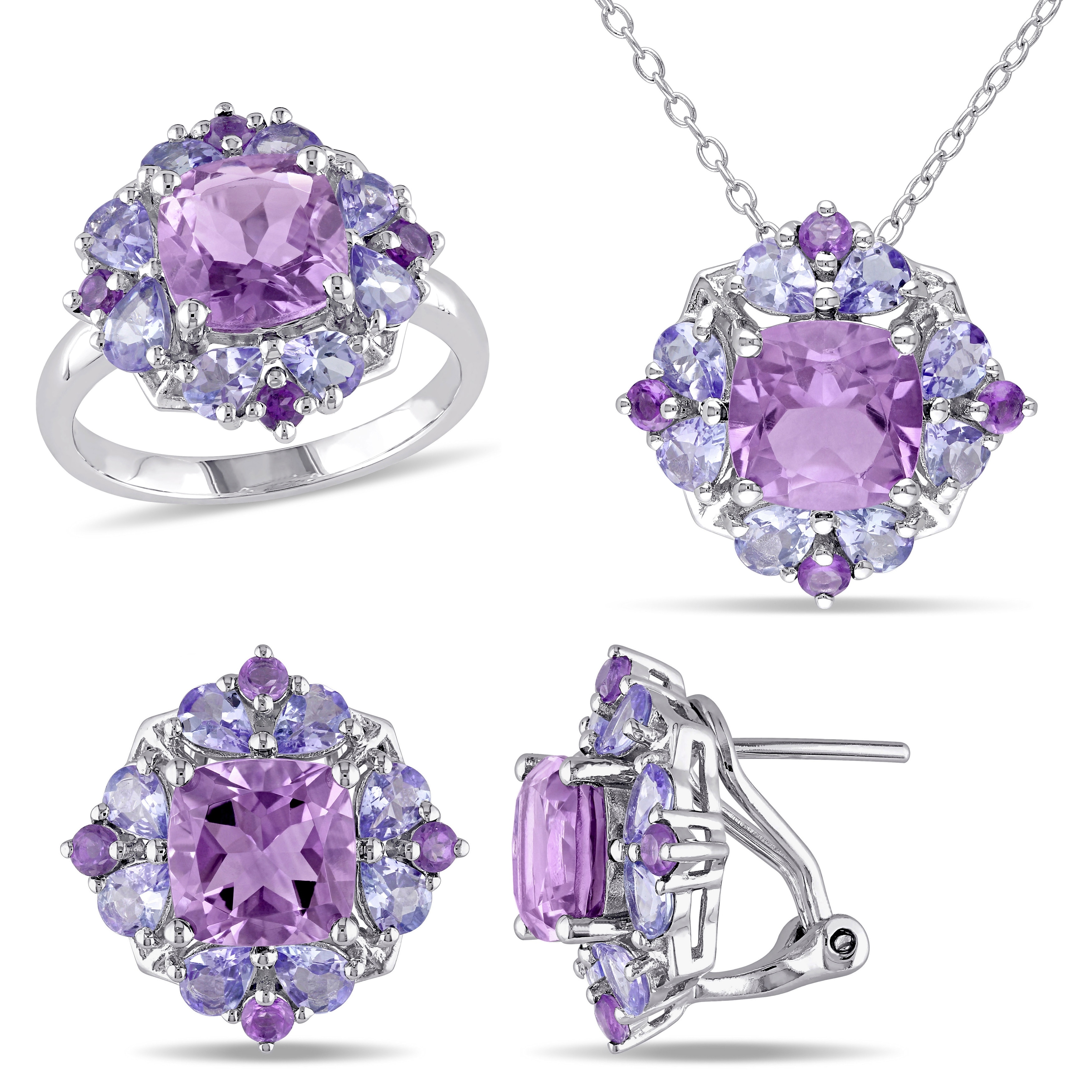 Miadora 11 4/5ct TGW Amethyst Tanzanite Cluster Necklace Ring Earrings Set Sterling Silver