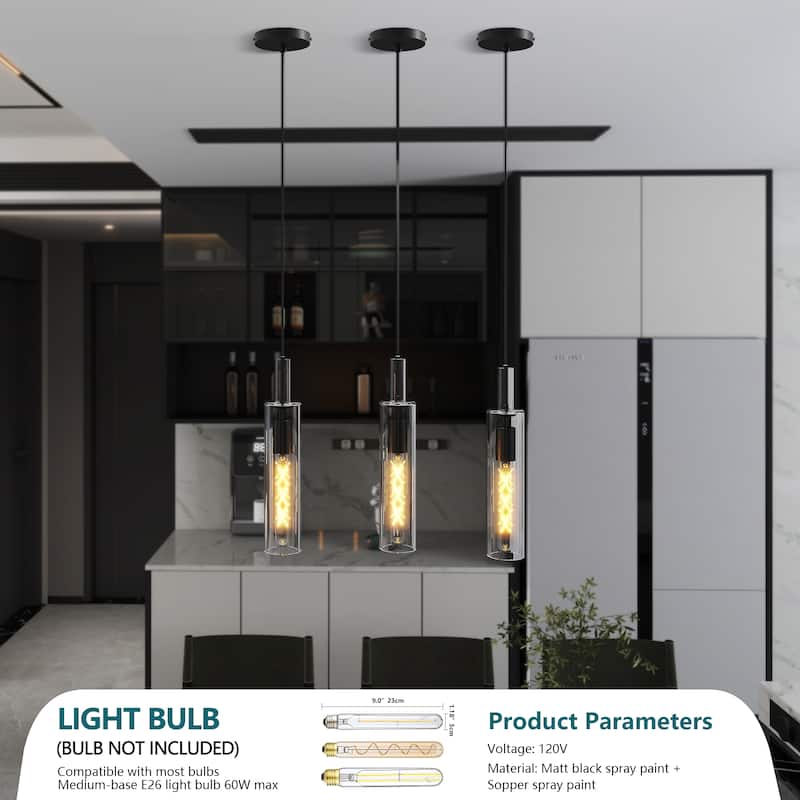 3-Pack Black Glass Pendant Lights - Adjustable, Industrial - Kitchen Dining(No Bulbs)