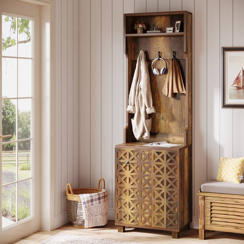 Farmhouse 3-in-1 Hall Tree with Coat Rack and Shoe Cabinet - Brown