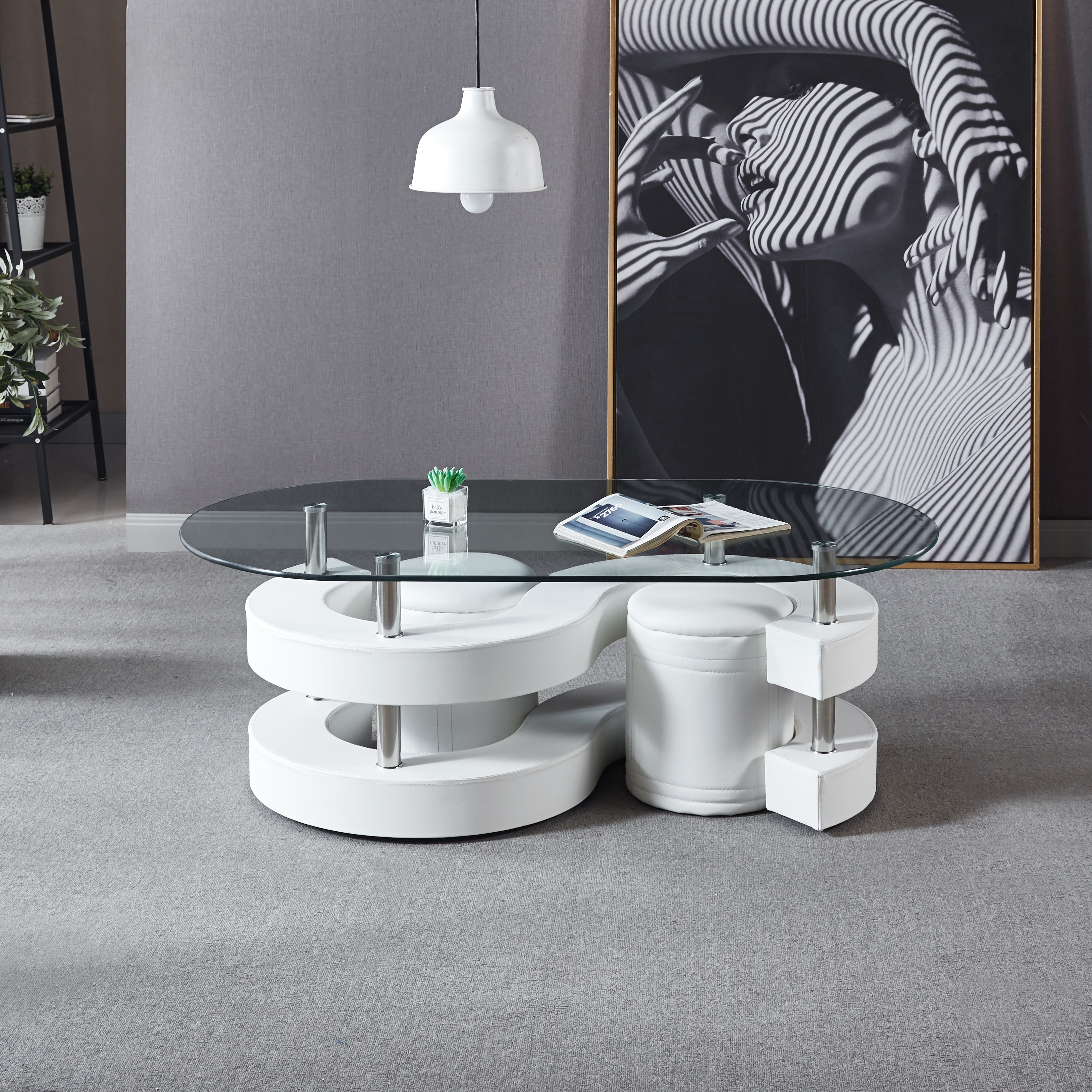 3 Pieces Coffee Table Set, Oval 10mm/0.39 inch Thick Tempered Glass Table and 2 Leather Stools