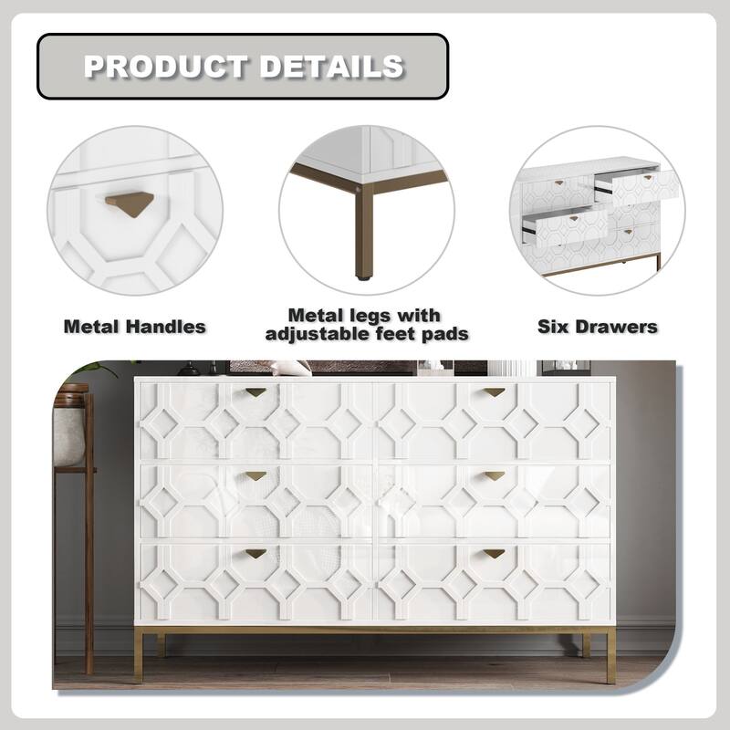 Clihome Wooden Storage 6 Drawer Double Dresser for Bedroom