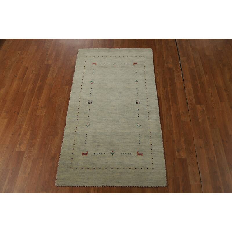 Hand Knotted Oriental 100% Wool Carpet Tribal Animal Pictorial Green Gabbeh Area Rug - 4' 11'' X 2' 10''