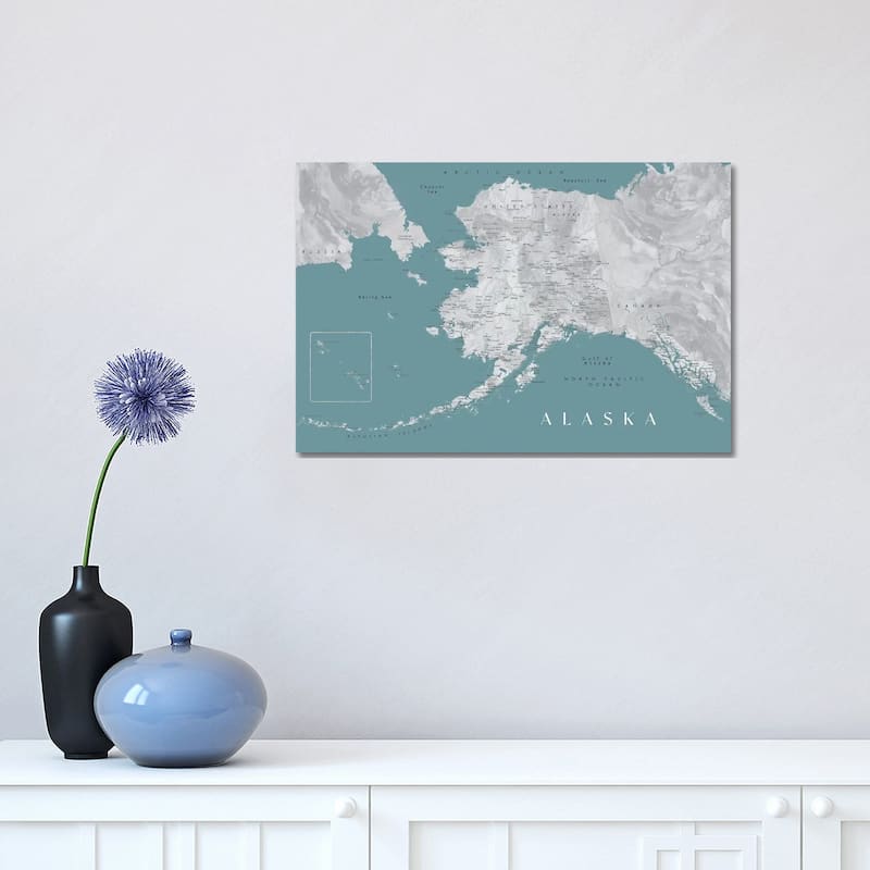 iCanvas "Gray And Teal Watercolor Detailed Map Of Alaska" by blursbyai Canvas Print - 12x18x1.5