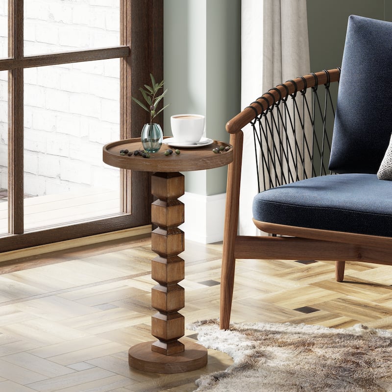 COZAYH Farmhouse Wood End Table Featuring a Stacked Column Base, Rustic Round Pedestal Side Table
