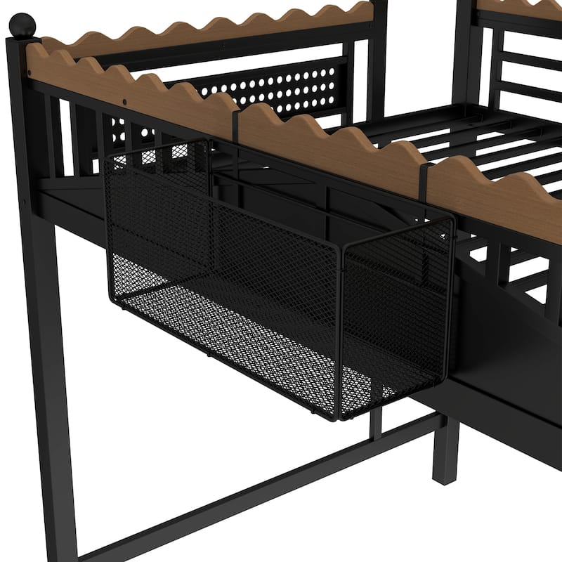 Modern Metal Loft Bed with Shelves & Bookshelf, Ladder Entry, No Box Spring Needed, Multi-Size