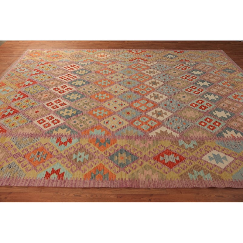 Geometric Kilim Area Rug Hand-Woven Wool Carpet - 8'5"x 11'1"