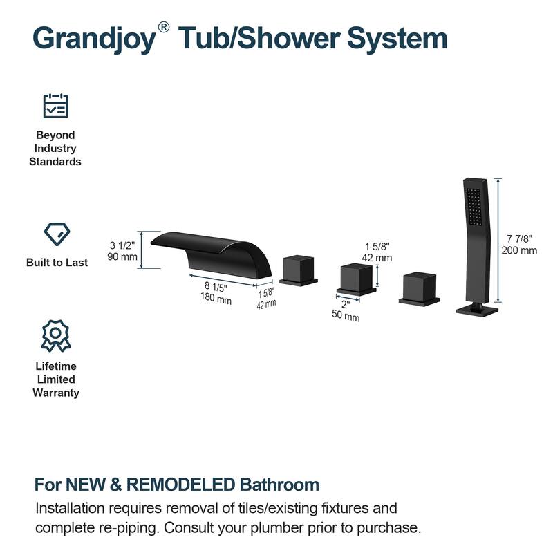 5-Hole 3-Handle Deck-Mount Waterfall Tub Faucet with Hand Shower,Waterfall Spout Bathtub Faucet