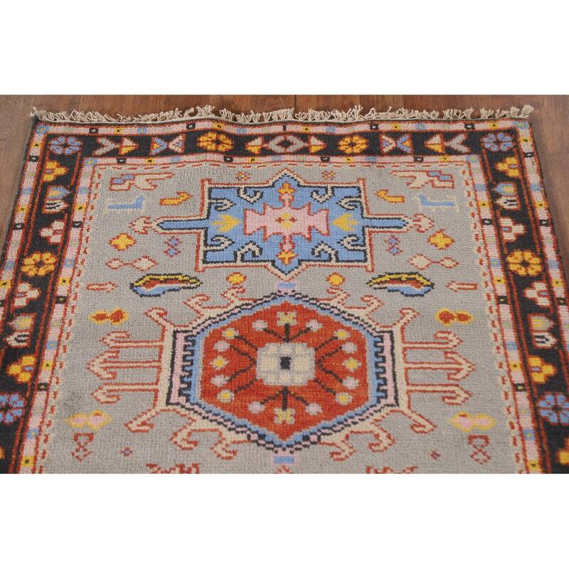 Geometric Grey Kazak Foyer Rug Hand-Knotted Wool Carpet - 3'0"x 5'0"