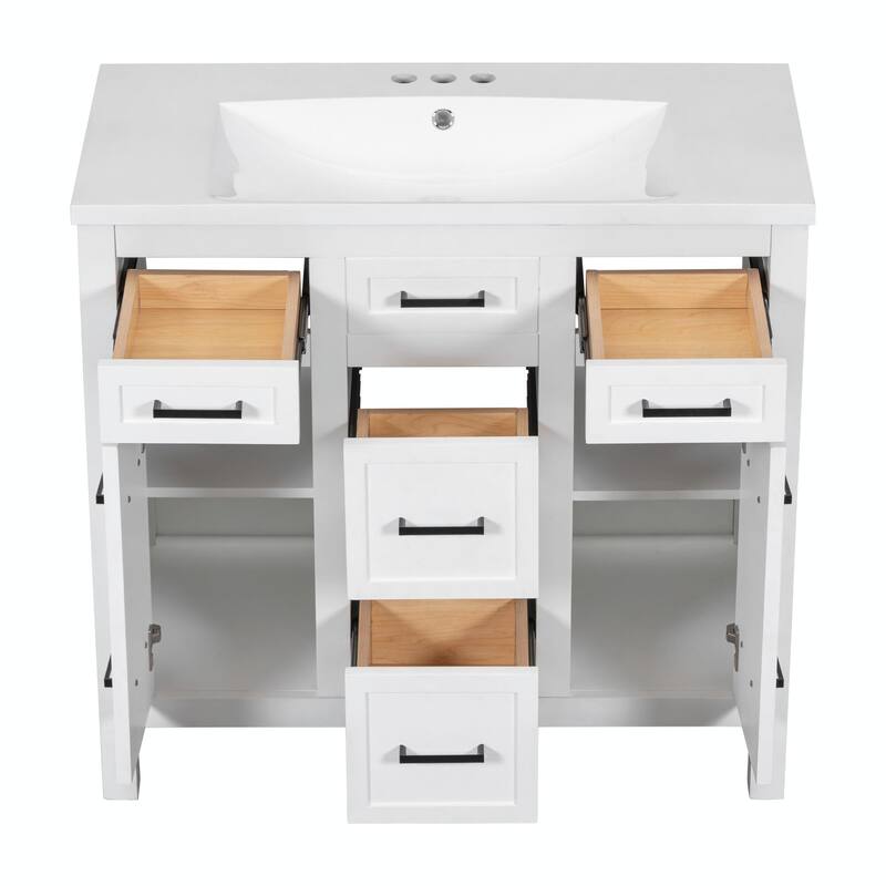 36" Bathroom Vanity with Integrated Resin Sink - 4 Drawers, 2 Doors