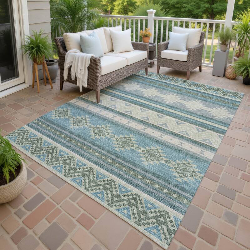 Machine Washable Indoor/ Outdoor Global Heston Chantille Rug - Teal - 9' x 12'