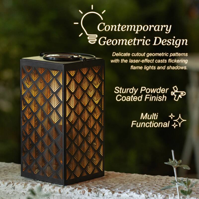 Glitzhome 11"H Black Metal Cutout or Square Textured Glass Pattern Solar Powered Hanging Lantern with LED Light