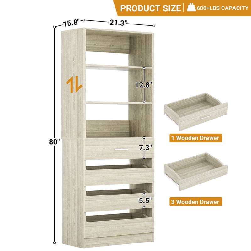 21.3" Storage Cabinet Bookshelf with Charging Station and 3 Wood Drawers, Freestanding Closet System with Storage Shelves