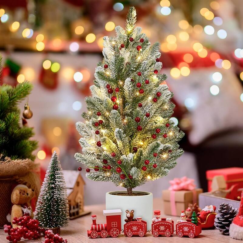 24 Inch Pre-lit Artificial Small Table Top Christmas Tree with Lights - 2FT - Green
