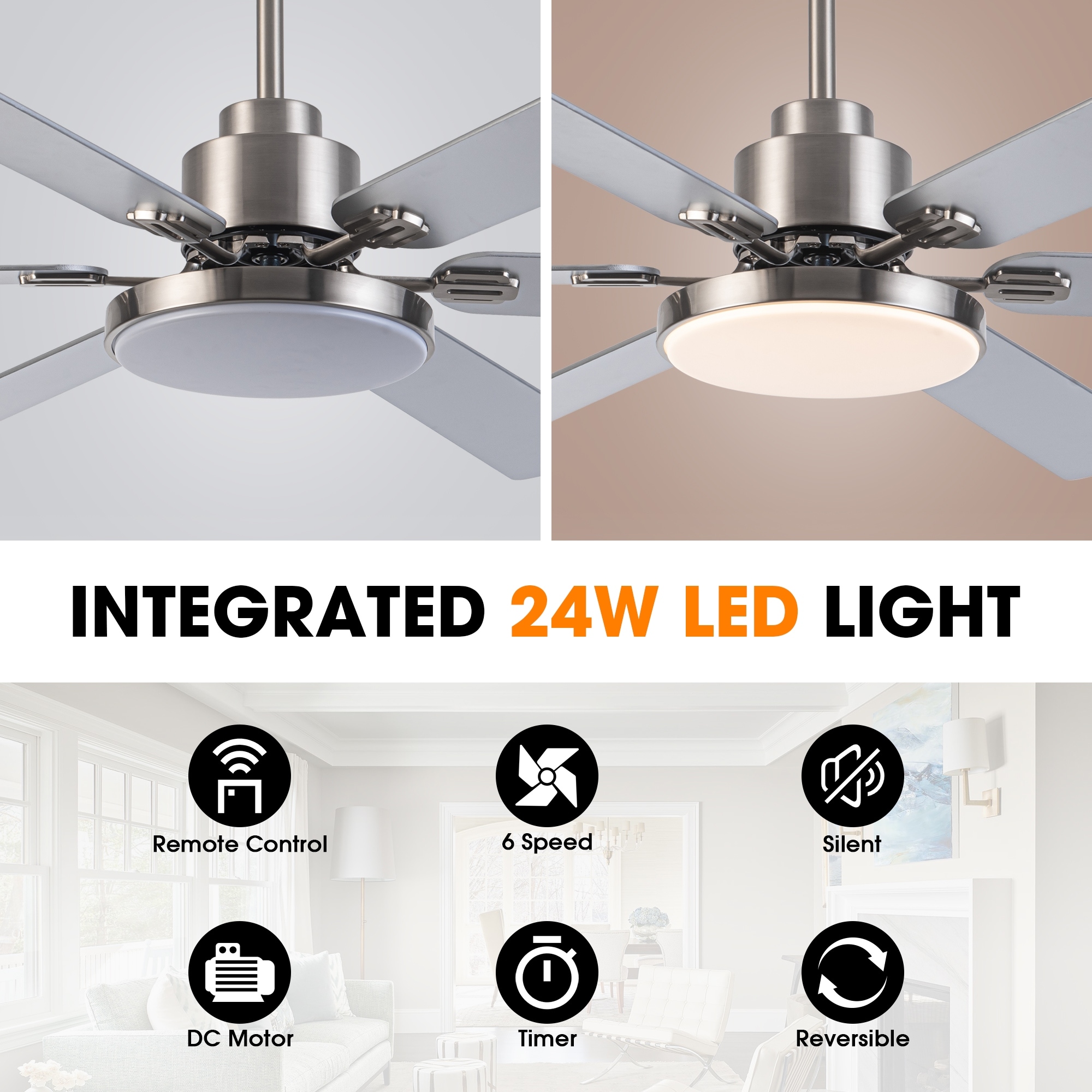 60-inch Modern Brushed Nickel 6-Blade LED Ceiling Fan with Light 60-inch Modern Brushed Nickel 6-Blade LED Ceiling Fan with Light