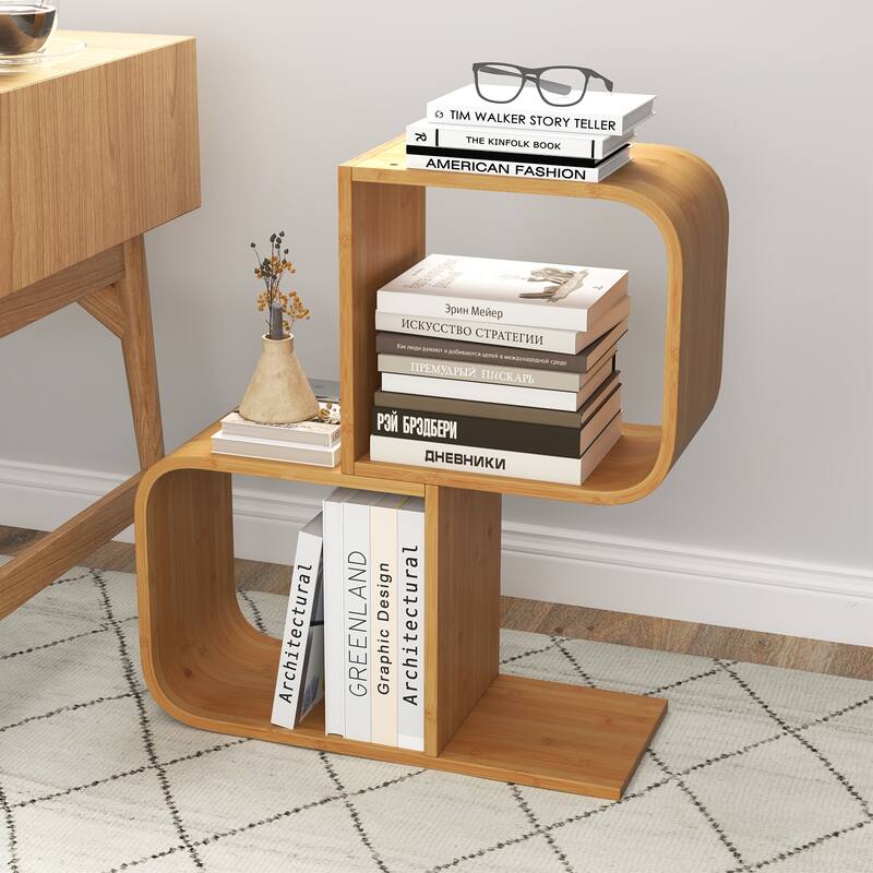 Gymax Bamboo Geometric Bookshelf 2-Tier S-Shaped Bookcase w/