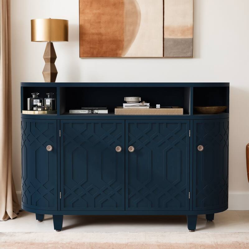 Curved Design Storage Cabinet made of Fraxinus Mandschuric Solid Wood Veneer, Featuring Four Doors and Adjustable Shelves - Navy Blue