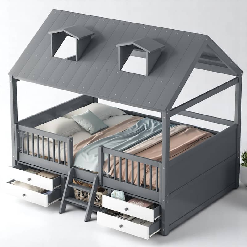 Twin/Full Size Wooden House Bed Frame with Skylight Roof, Drawers, Shelves and Ladder - Grey - Full