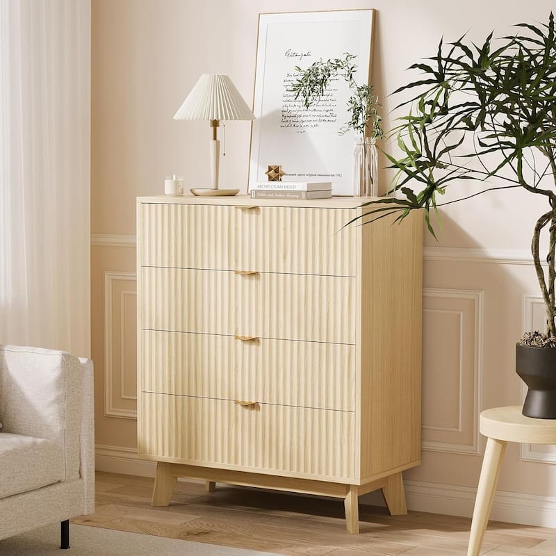 Mid-Century Fluted 3/4/5-Drawer Dresser, Natural Wood Chest of Drawers - 4-drawer
