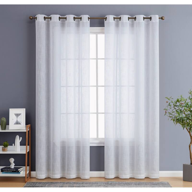 HLC.me Abbey Faux Linen Textured Semi Sheer Privacy Light Filtering Transparent Window Grommet Curtain Panels, Pair - 54 W x 63 L per panel - Set of 2 - White