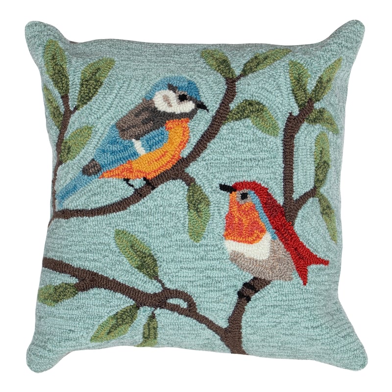 Liora Manne Frontporch Birds On Branches Indoor/Outdoor Pillow Aqua 18" Square