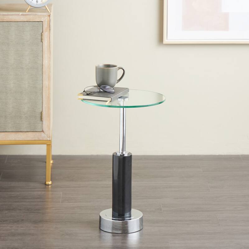 Marble Round Accent Table with Gold Metal Rod and Base - White or Black - Roche River Decor