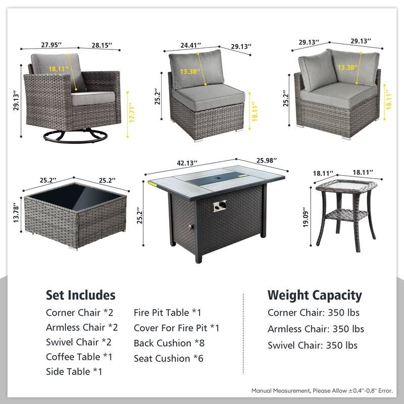 HOOOWOOO 9-piece Grey Rattan Outdoor Furniture Fire Pit Set with Swivel Chairs