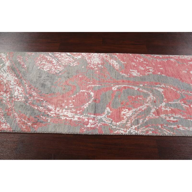 Wool/ Silk Vegetable Dye Abstract Oriental Runner Rug Hand-knotted - 3'1" x 12'2"