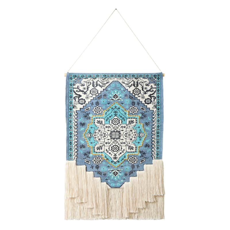 Sevita Bright Blue Floral Woven Wall Hanging with Macrame Fringe - 25.5" x 45"