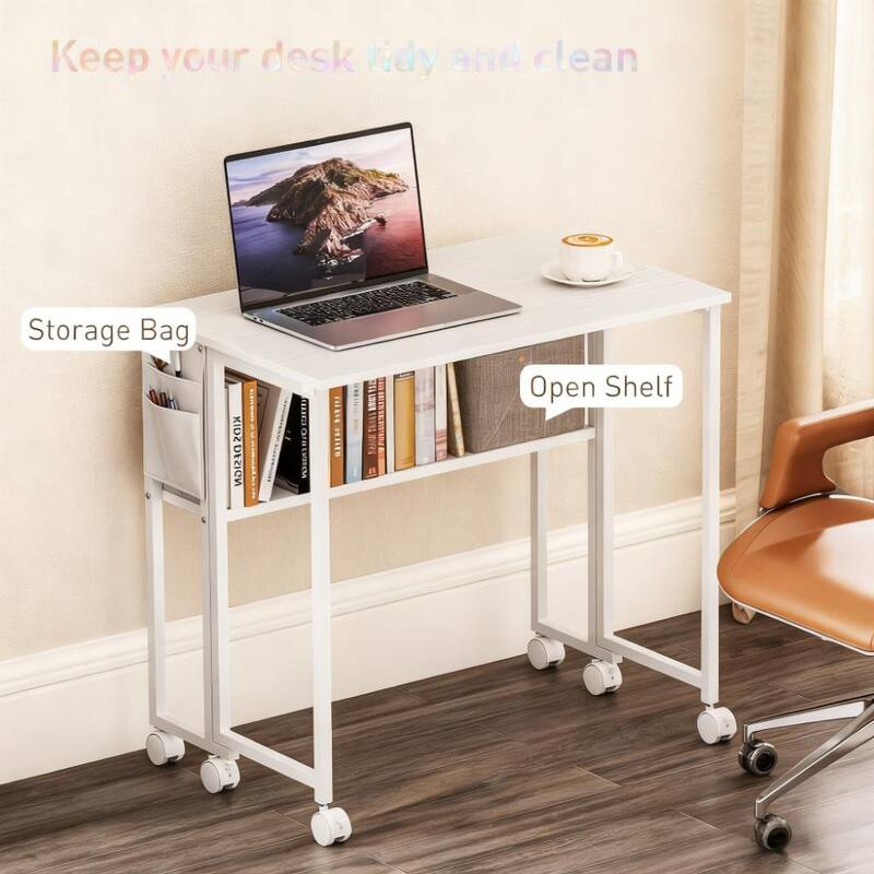 Folding Computer Desk,with Storage Bag, Shelf and Wheels for Small Spaces, Home Office