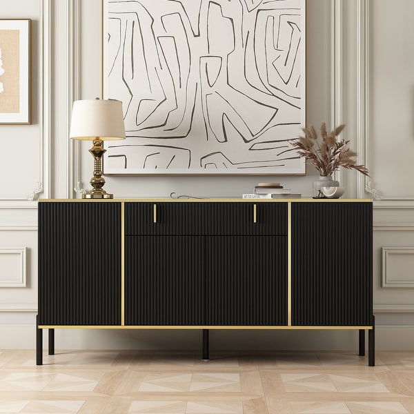 slide 2 of 18, Timechee Kitchen Sideboard End Table Entry Accent Storage Cabinet 63"W - Black/Gold