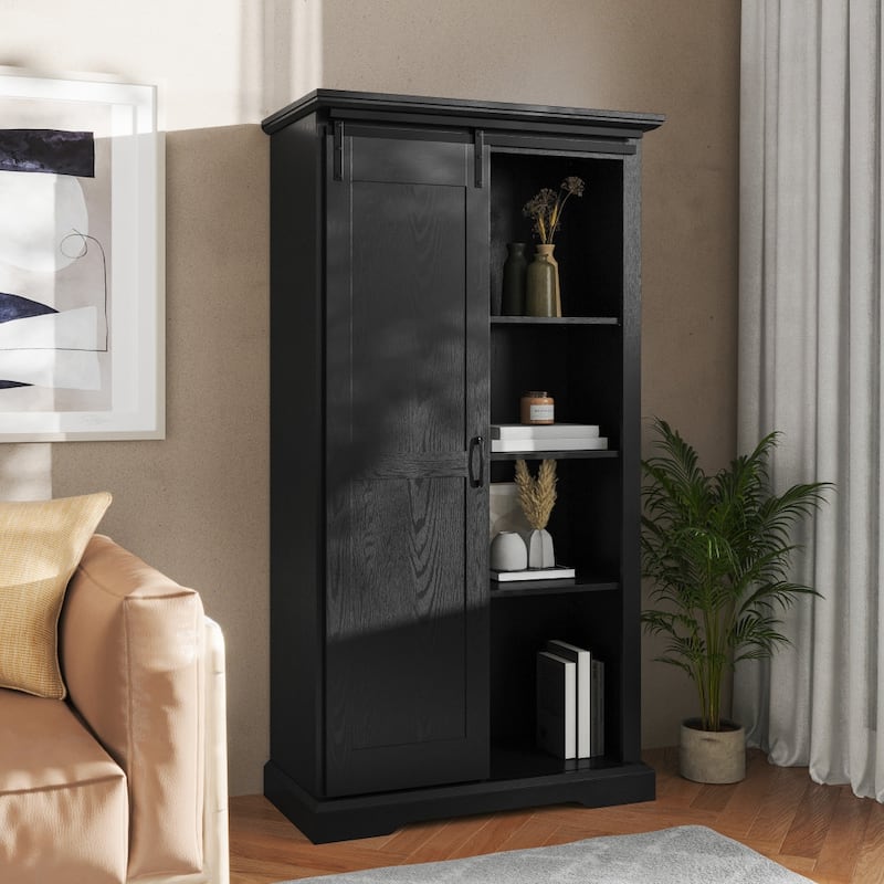 Farmhouse Storage Cabinet with Adjustable Shelves and Sliding Barn Door - 16.75"D x 36.25"W x 68"H - Black