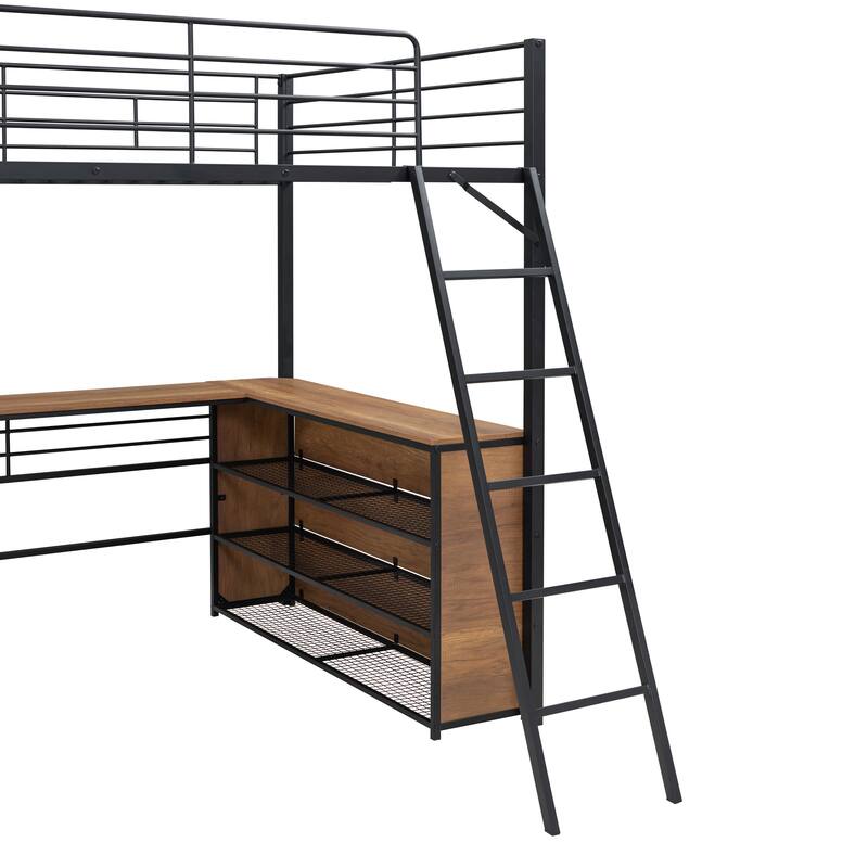 Full Size Metal Loft Bed with L-Shaped Desk and 3-Tier Shelves, Black