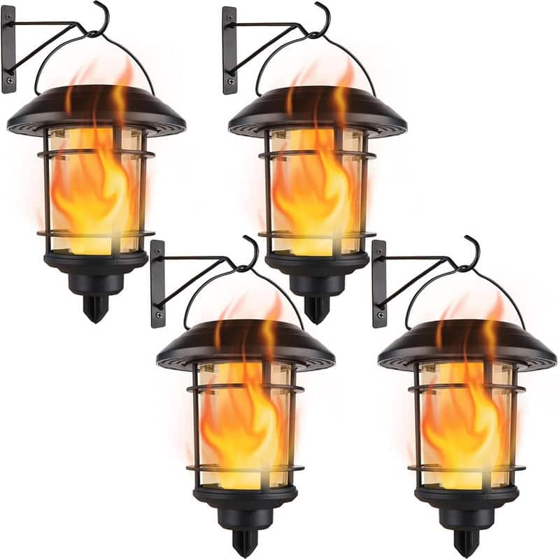 4 Pack Solar Flame Wall Lanterns Outdoor, Solar Powered - Warm White