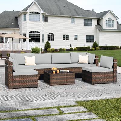 UPHA 7-piece Outdoor Rattan Wicker Patio Furniture Conversation Set with Coffee Table and Cushions