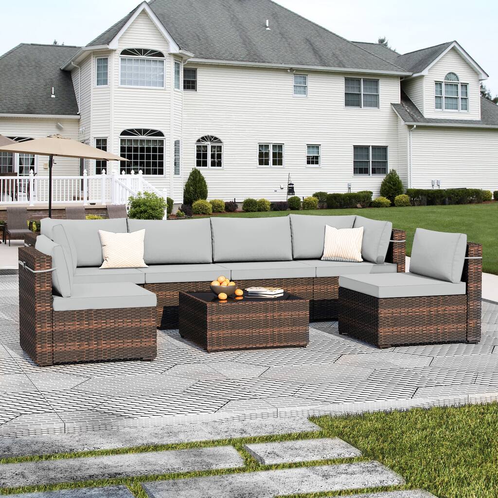 UPHA 7-piece Outdoor Rattan Wicker Patio Furniture Conversation Set with Coffee Table and Cushions