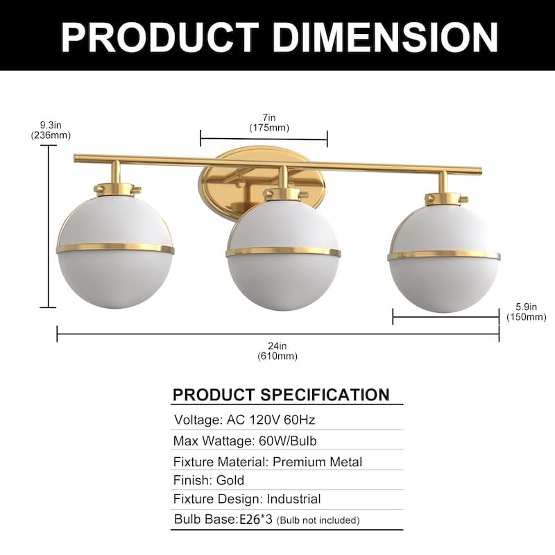 YANSUN 3-Light Gold Industrial Vanity Light with Round Frosted Milk Glass Shades