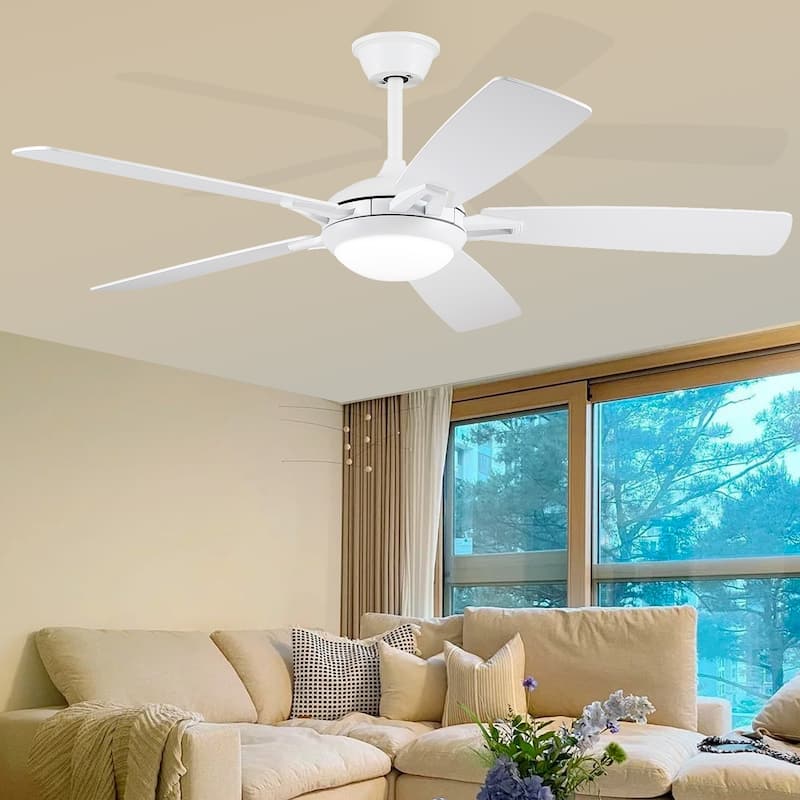 52" Modern Ceiling Fan with Light and Remote,APP Control,Suitable for Sloped Ceiling,Reversible Blades,DC Motor - 52 Inches - White
