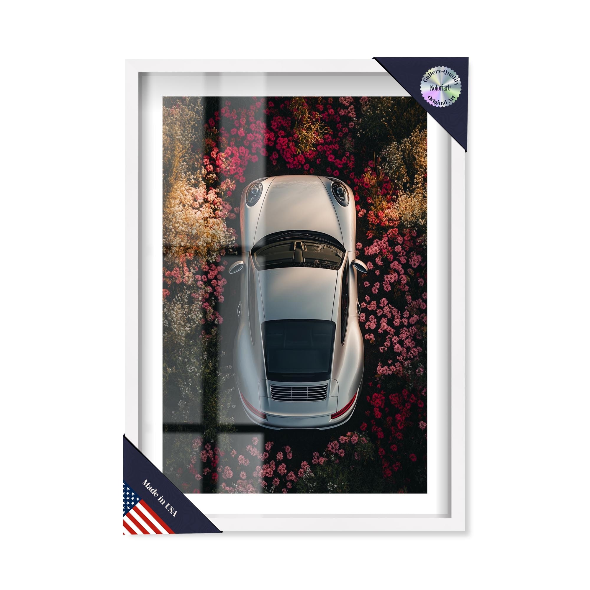 Silver Car in Flower Field Shadowbox Print by Notoriart