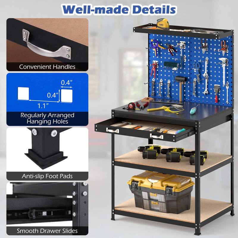 Gymax 32'' x 16'' Workbench w/ Pegboard 20PCS Tool Hooks Drawer & Open
