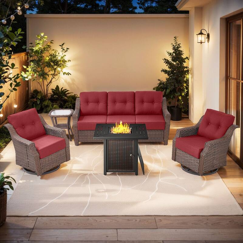 5-Piece Sofa Swivel Chairs with 30" Firepit Table - Brown Wicker & Red Cushion