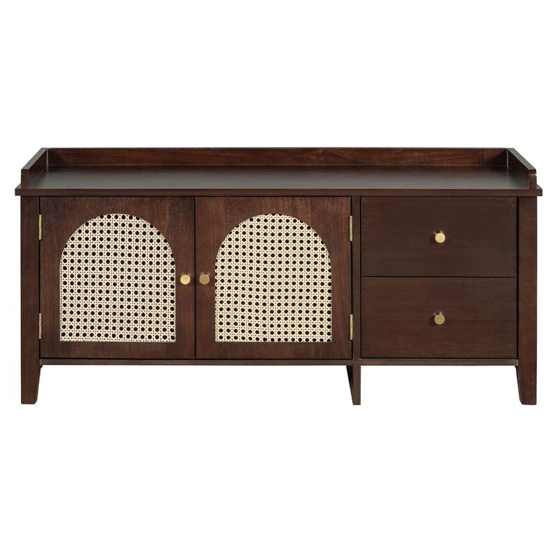 Wood Frame Bench with Shoe Storage, Shoe Bench with Rattan Arched Door and 2 Drawers Entryway Fabric Upholstered Bench