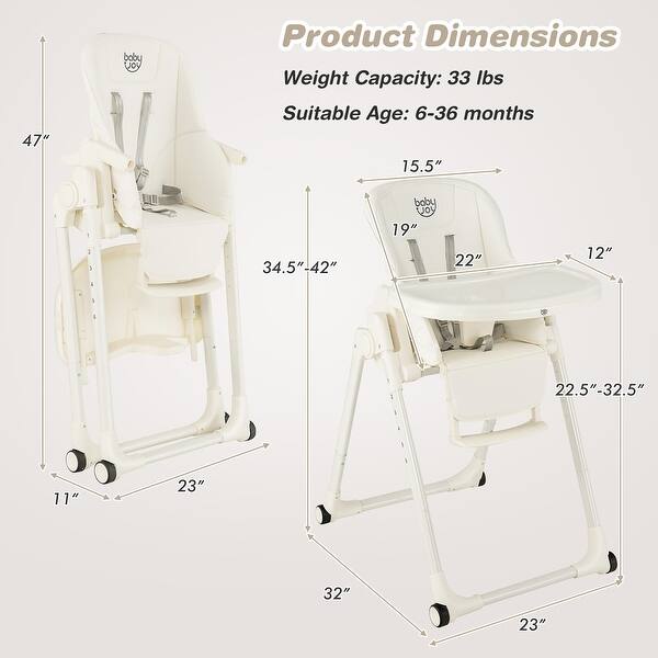 dimension image slide 2 of 4, Babyjoy 4-in-1 Foldable Baby High Chair Height Adjustable Feeding - 32'' x 23'' x 42''