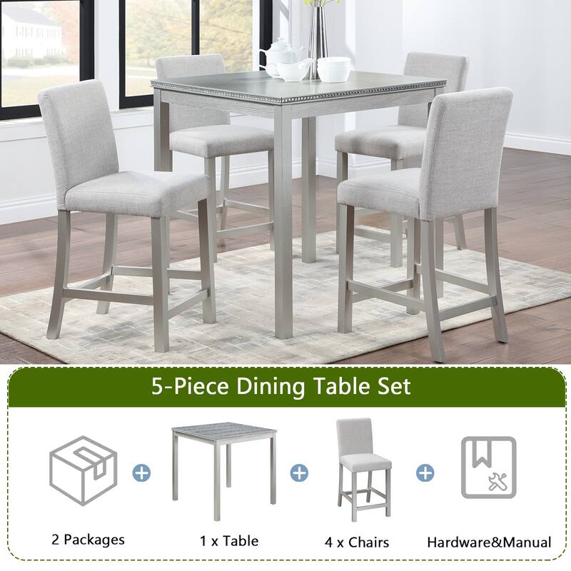 GDFStudio - Hamilton 5-Piece Classic Crystal Design Wooden Counter Height Dining Table Set with 4 Upholstered Chairs