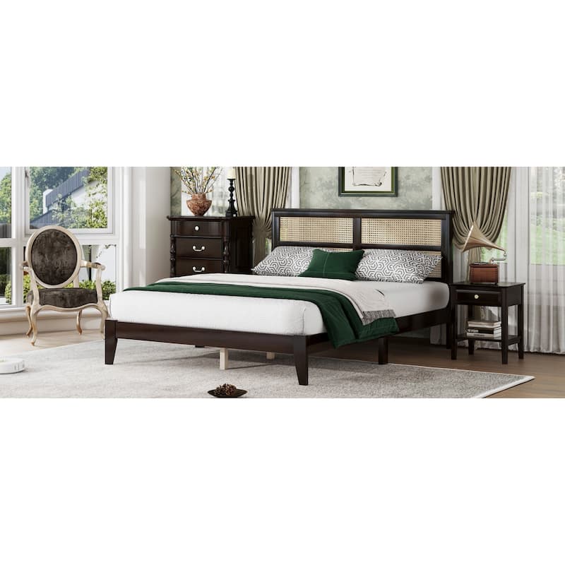 Roomfitters Queen Solid Rubber Wood Bed Frame with Rattan Headboard, Reinforced Support Feet Platform Design, Espresso